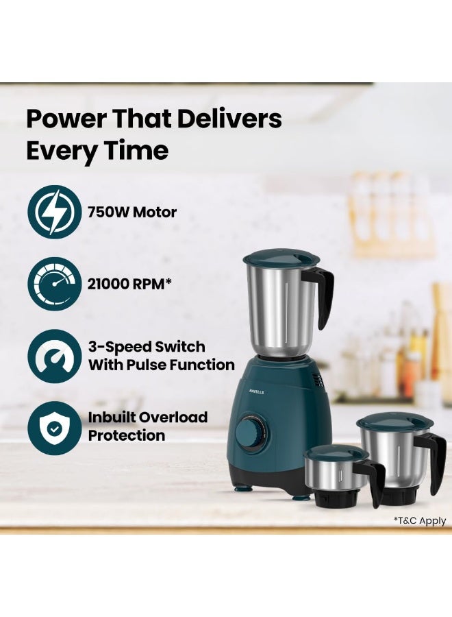 Havells ESO 750 Watt Mixer Grinder | 3 Stainless Steel Jars with Handles | 304 Rust-Resistant SS Blades | 21000 RPM High-Speed Motor | 5-Year Motor Warranty | Heavy-Duty Mixie (Teal) - Image 3